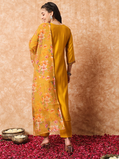 Mustard Yellow Kurti Pant With Flower Print Dupatta