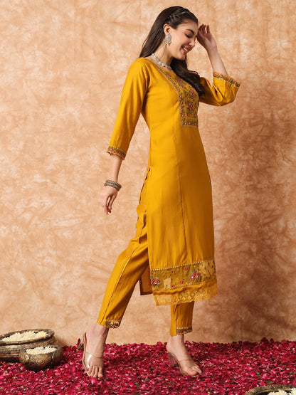 Mustard Yellow Kurti Pant With Flower Print Dupatta