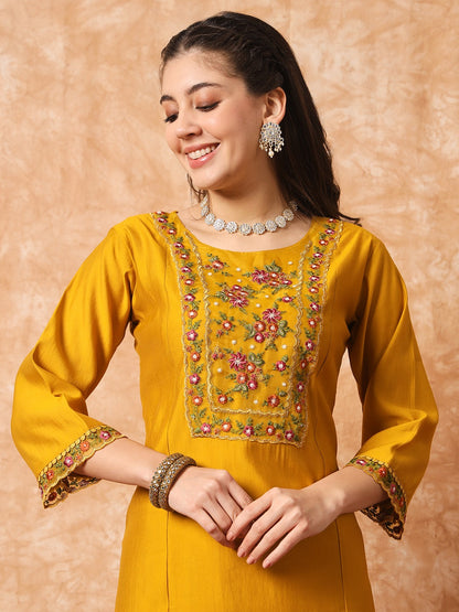 Mustard Yellow Kurti Pant With Flower Print Dupatta