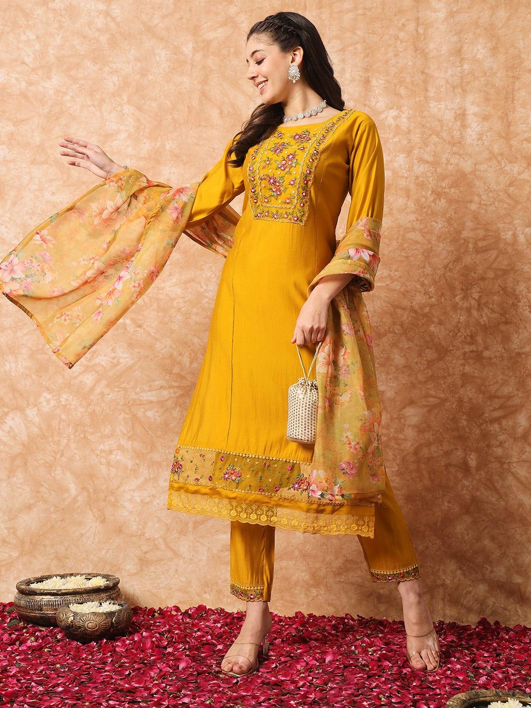 Mustard Yellow Kurti Pant With Flower Print Dupatta