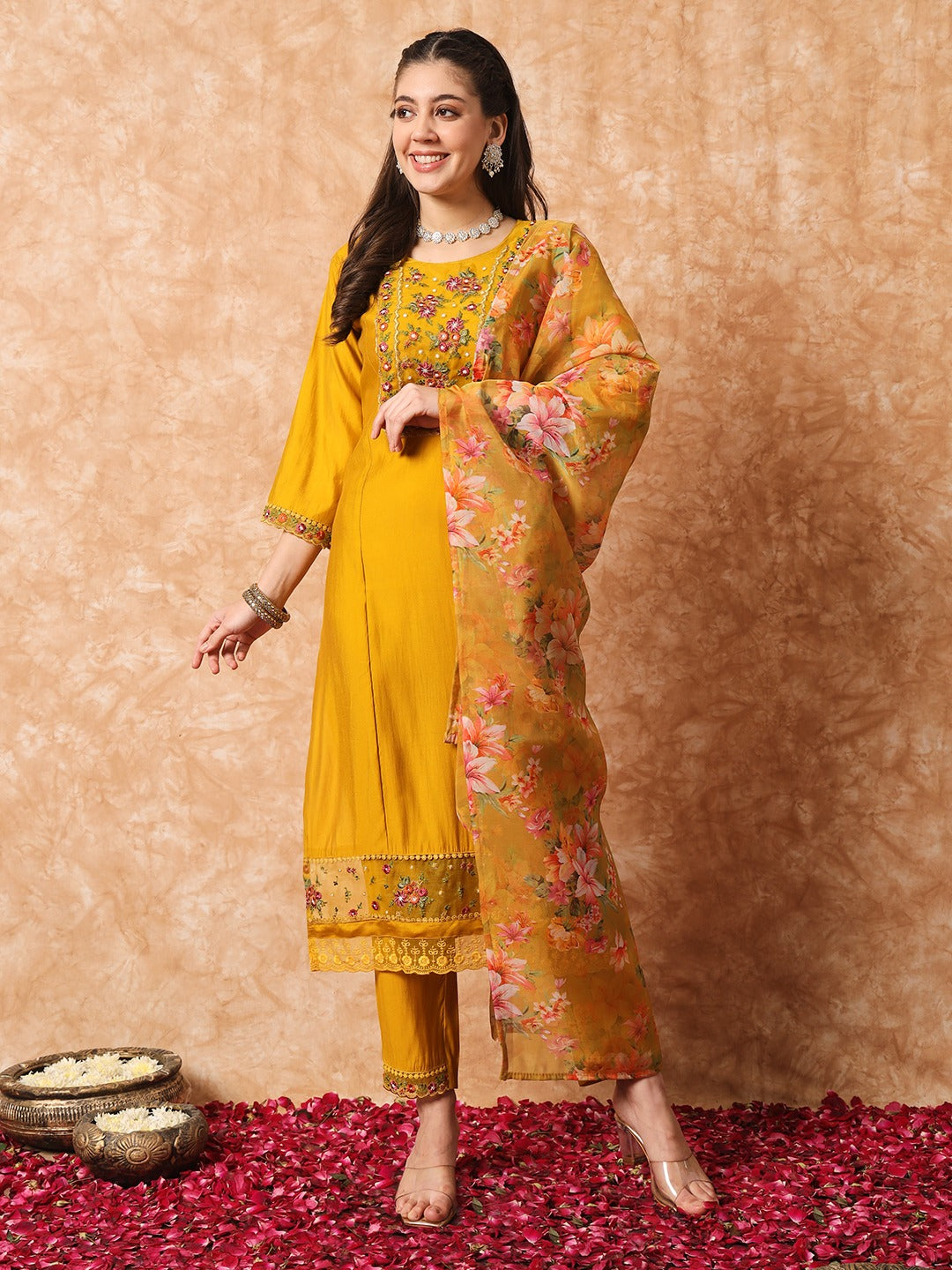 Mustard Yellow Kurti Pant With Flower Print Dupatta