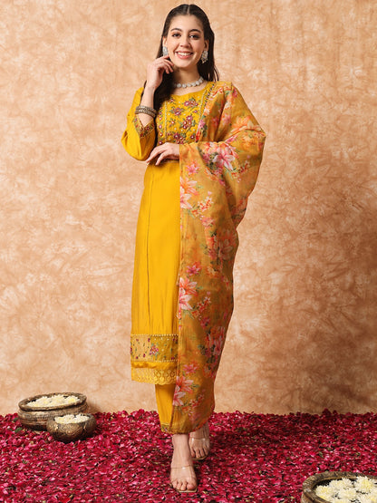 Mustard Yellow Kurti Pant With Flower Print Dupatta