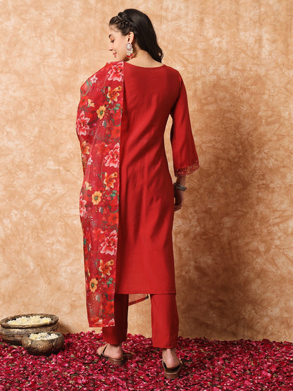 Red Kurti Pant With Flower Print Dupatta