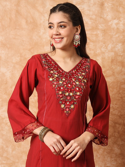 Red Kurti Pant With Flower Print Dupatta