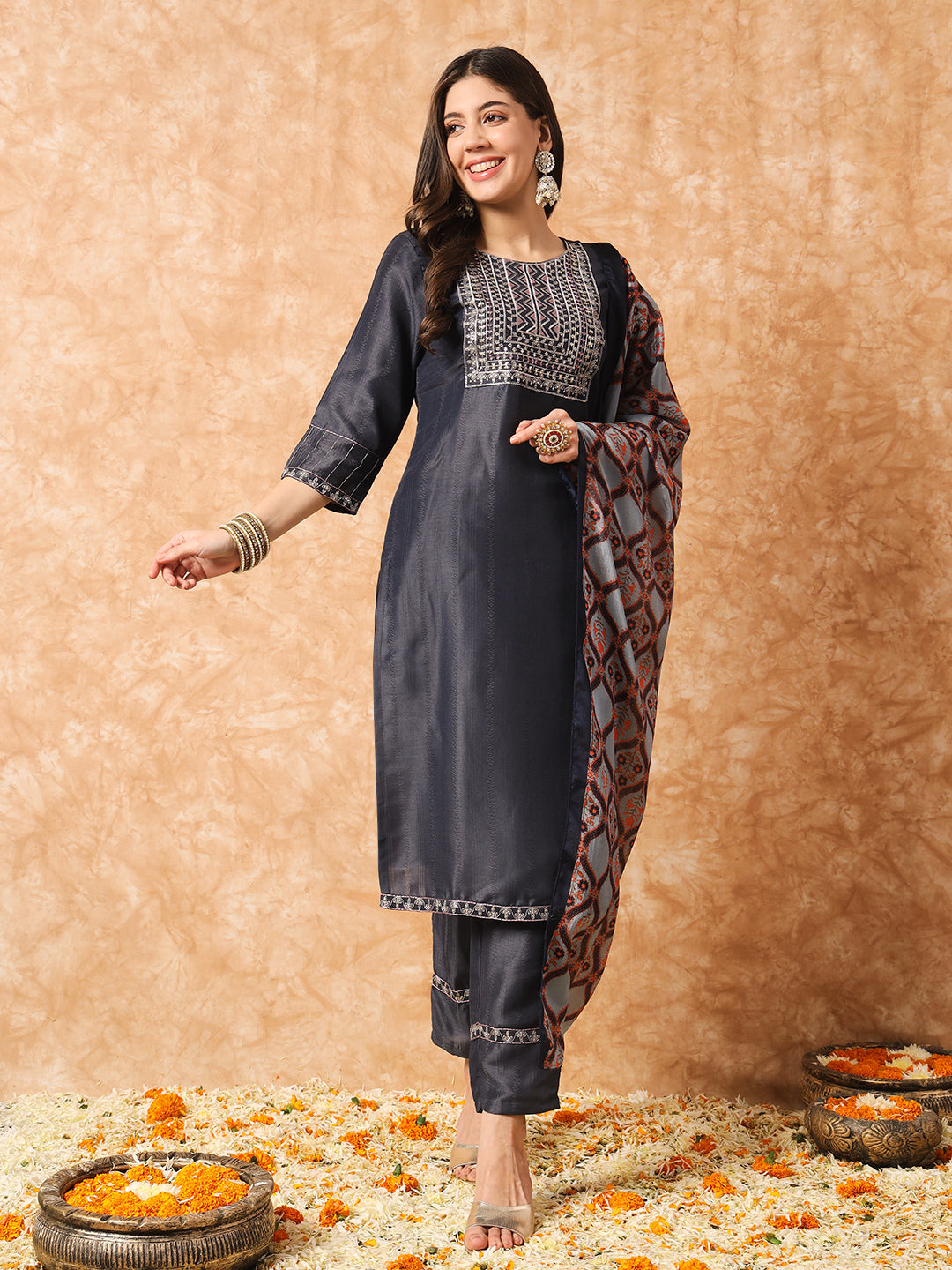 Black Kurti Pant With Contrast Color Dupatta