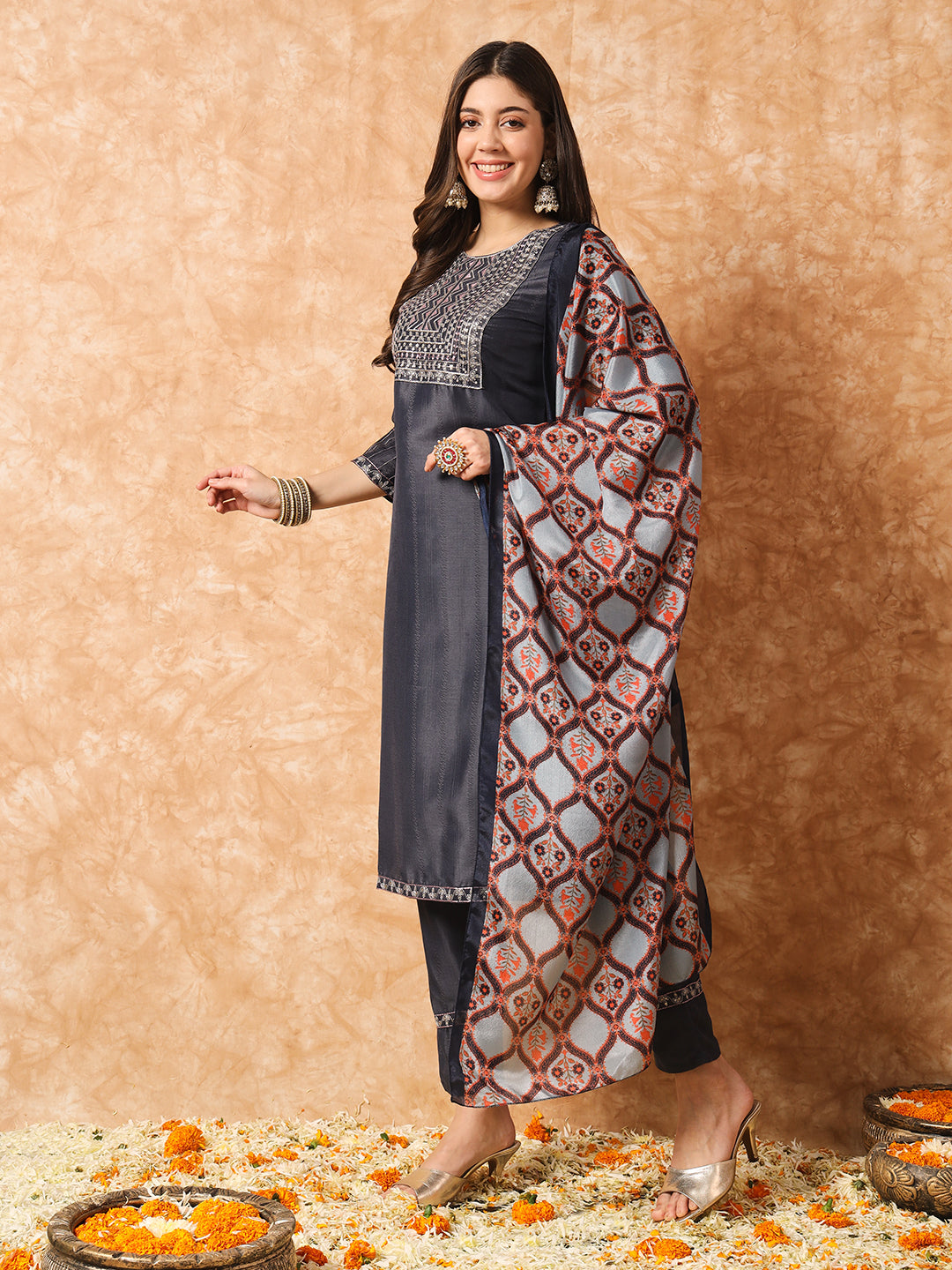 Black Kurti Pant With Contrast Color Dupatta