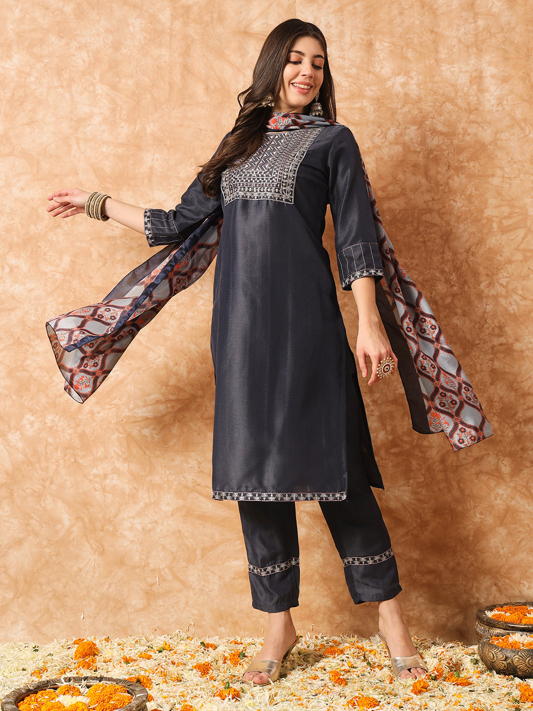 Black Kurti Pant With Contrast Color Dupatta