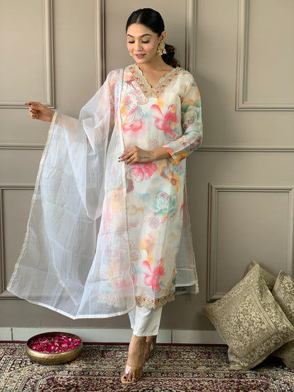 Women's Organza With Cotton Inner Cream Kurta Set