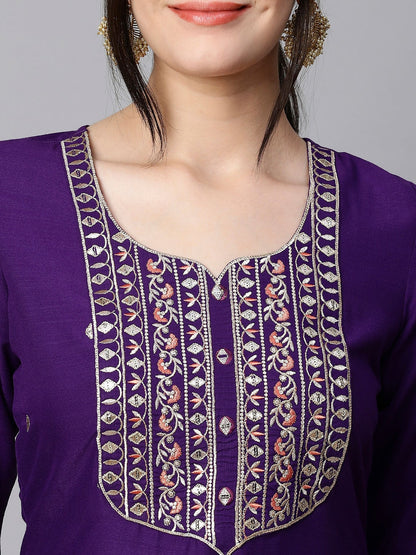 Women's Rayon Slub Violet Kurta Set