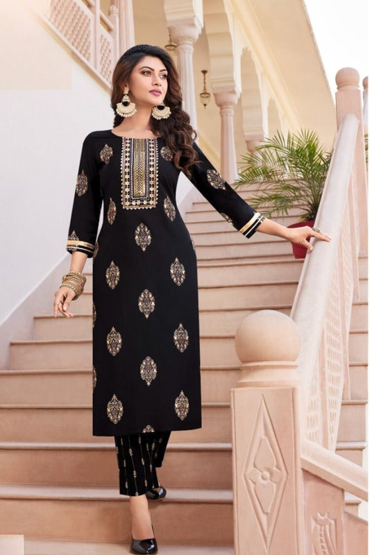 Fluid Fashion Liva Rayon Gold Printed Embroidery Kurti Pant with Pocket