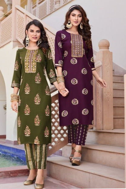 Fluid Fashion Liva Rayon Gold Printed Embroidery Kurti Pant with Pocket