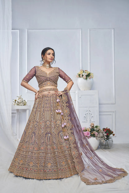 Royal Grandeur bridal  Purple Soft Net Lehenga with Paisley and Peacock Motifs & Heavy Embroidery