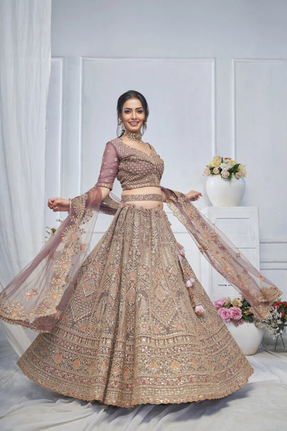 Royal Grandeur bridal  Purple Soft Net Lehenga with Paisley and Peacock Motifs & Heavy Embroidery