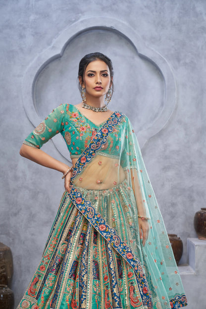 The bagh collection:Graceful Green Lenega embedded by Thread and Sequin Embellished Lehengas