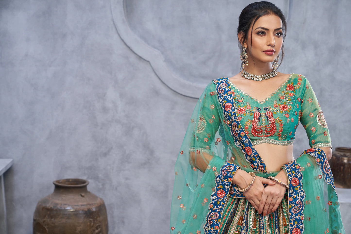 The bagh collection:Graceful Green Lenega embedded by Thread and Sequin Embellished Lehengas