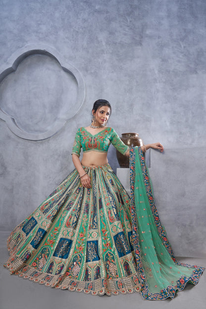 The bagh collection:Graceful Green Lenega embedded by Thread and Sequin Embellished Lehengas