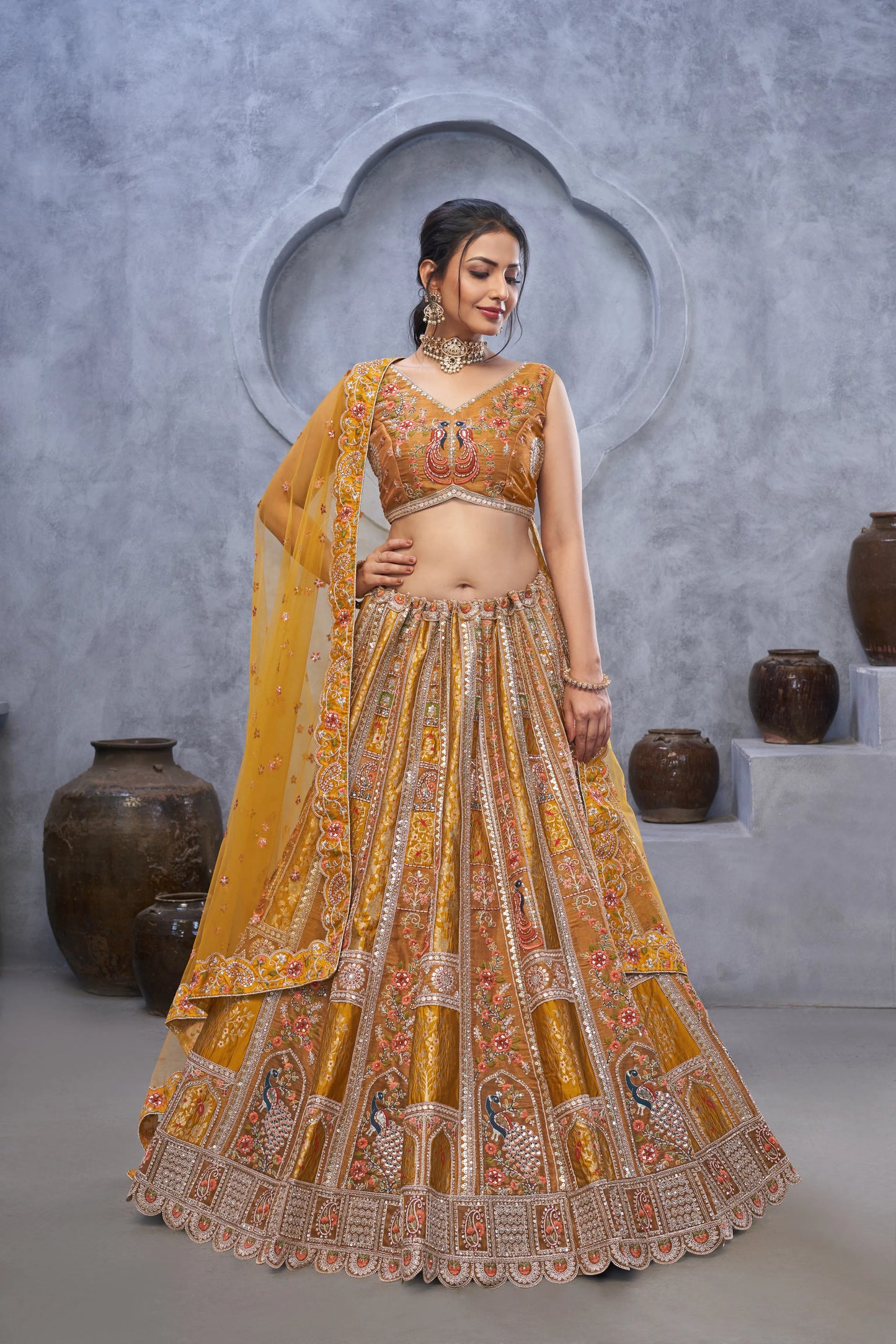 The bagh collection: Marvelous Mustard with  peacock Embroidered bridal lehenga