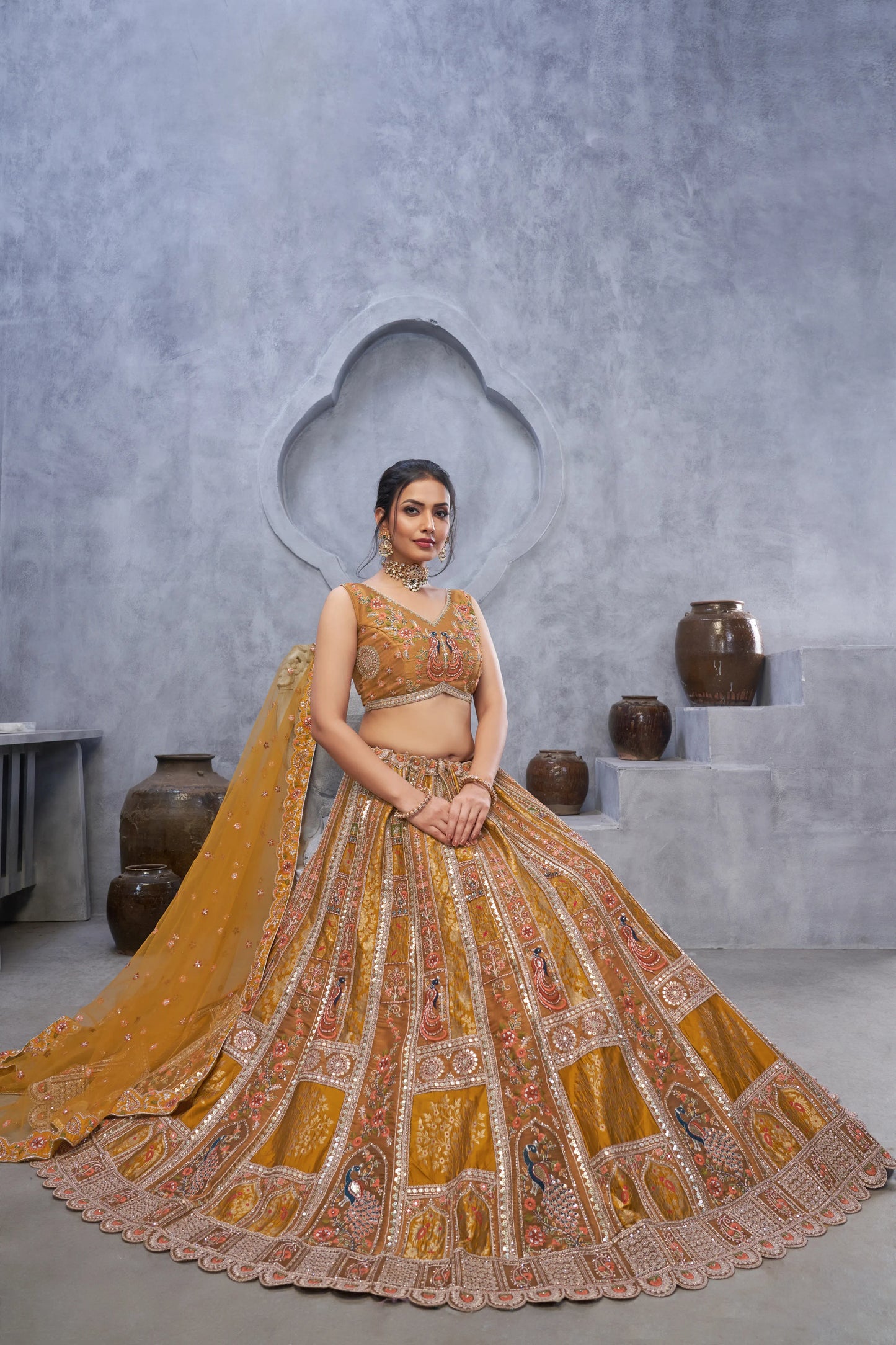 The bagh collection: Marvelous Mustard with  peacock Embroidered bridal lehenga