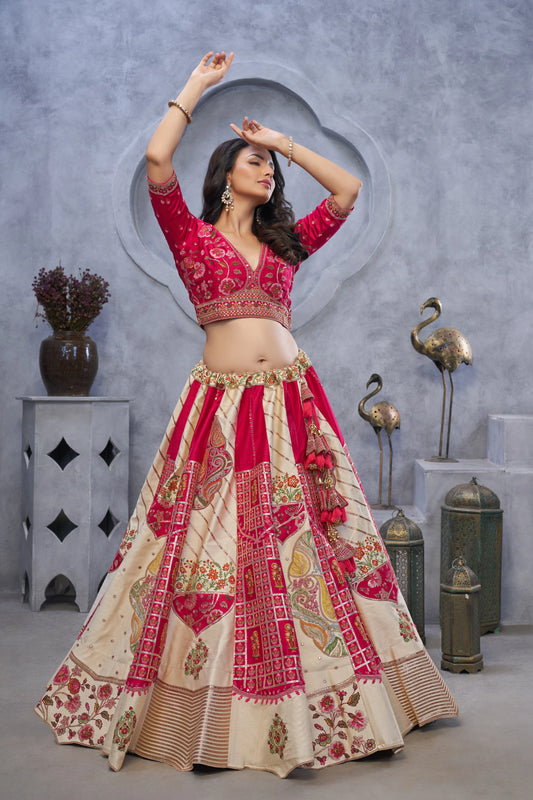 Regal Elegance: The Red and White Raw Silk Masterpiece Lehenga with Paisley Motifs and Sheer Pink Dupatta