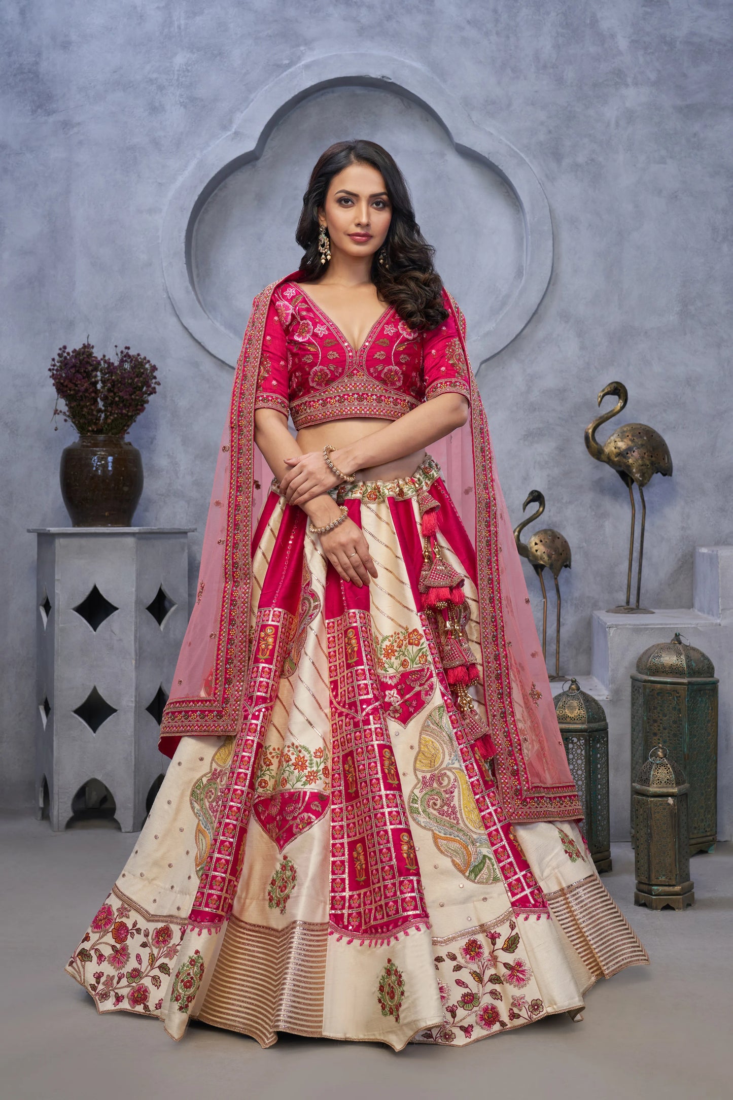 Regal Elegance: The Red and White Raw Silk Masterpiece Lehenga with Paisley Motifs and Sheer Pink Dupatta