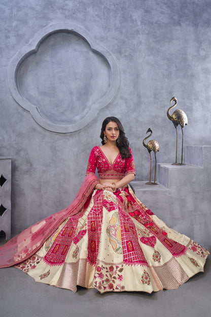 Regal Elegance: The Red and White Raw Silk Masterpiece Lehenga with Paisley Motifs and Sheer Pink Dupatta