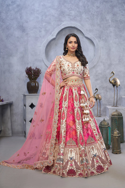 Bridal Lehenga with Temple Motifs, Peacock Designs & Bandhej Jacquard Patches