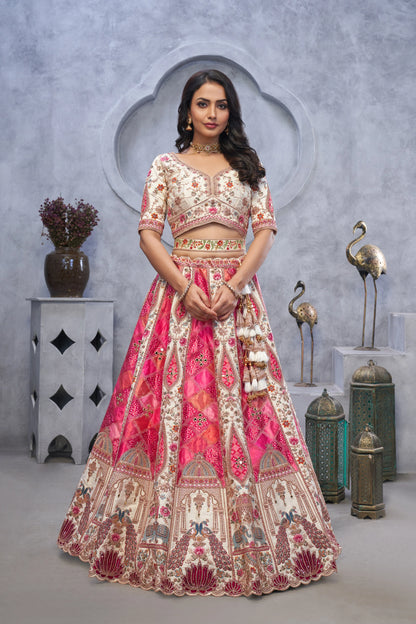 Bridal Lehenga with Temple Motifs, Peacock Designs & Bandhej Jacquard Patches