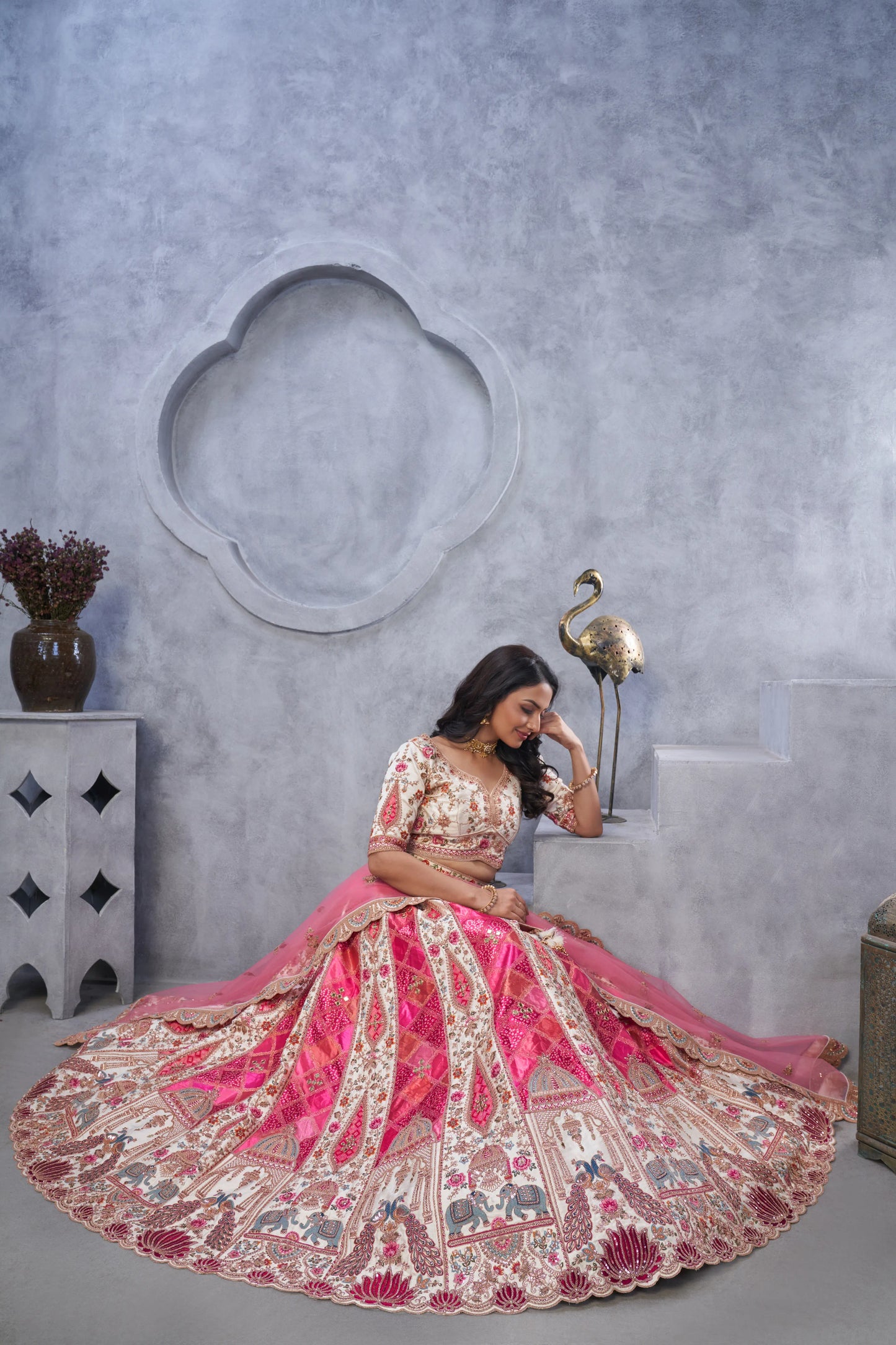 Bridal Lehenga with Temple Motifs, Peacock Designs & Bandhej Jacquard Patches