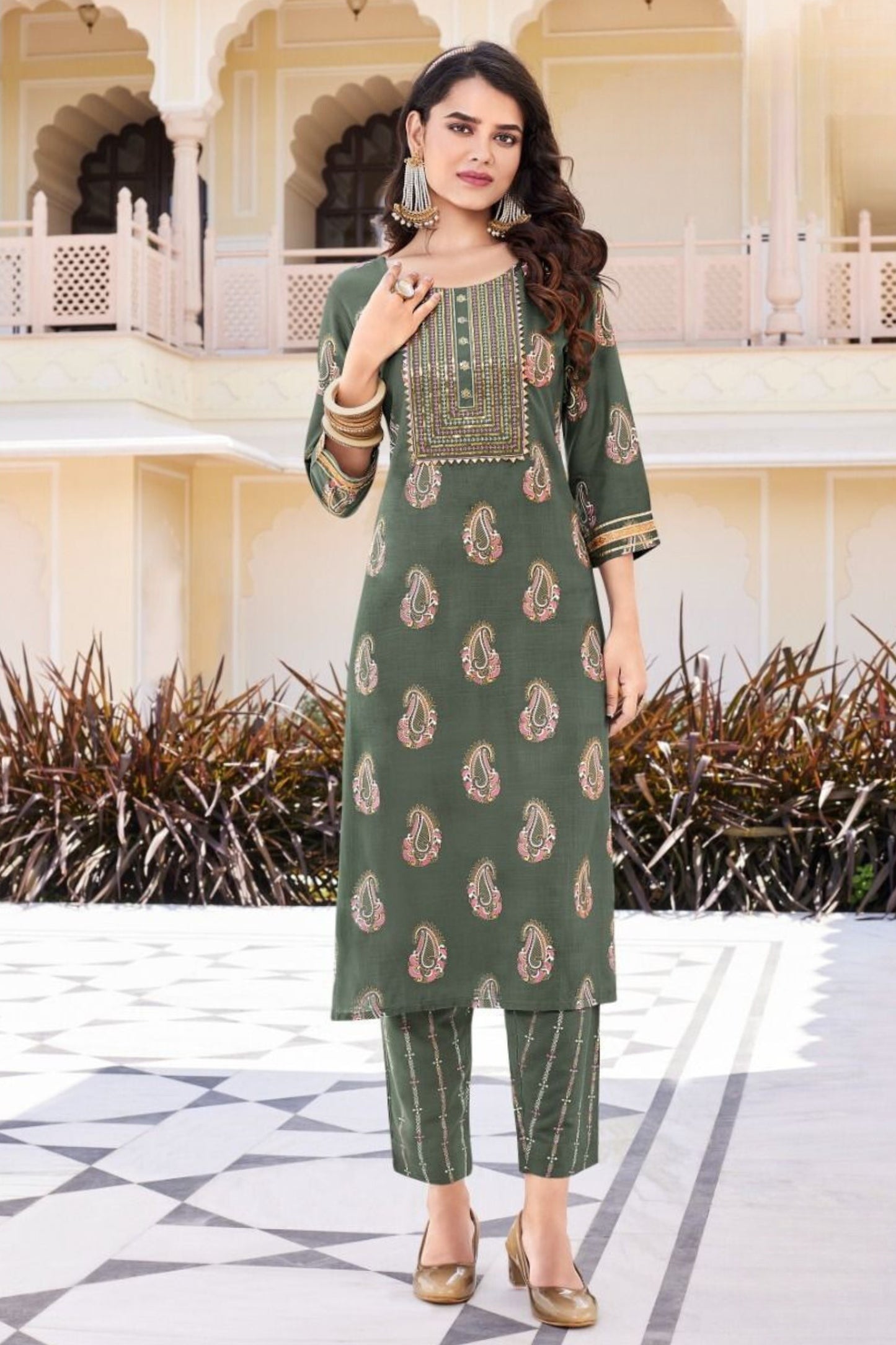 Fluid Fashion Liva Rayon Gold Printed Embroidery Kurti Pant with Pocket