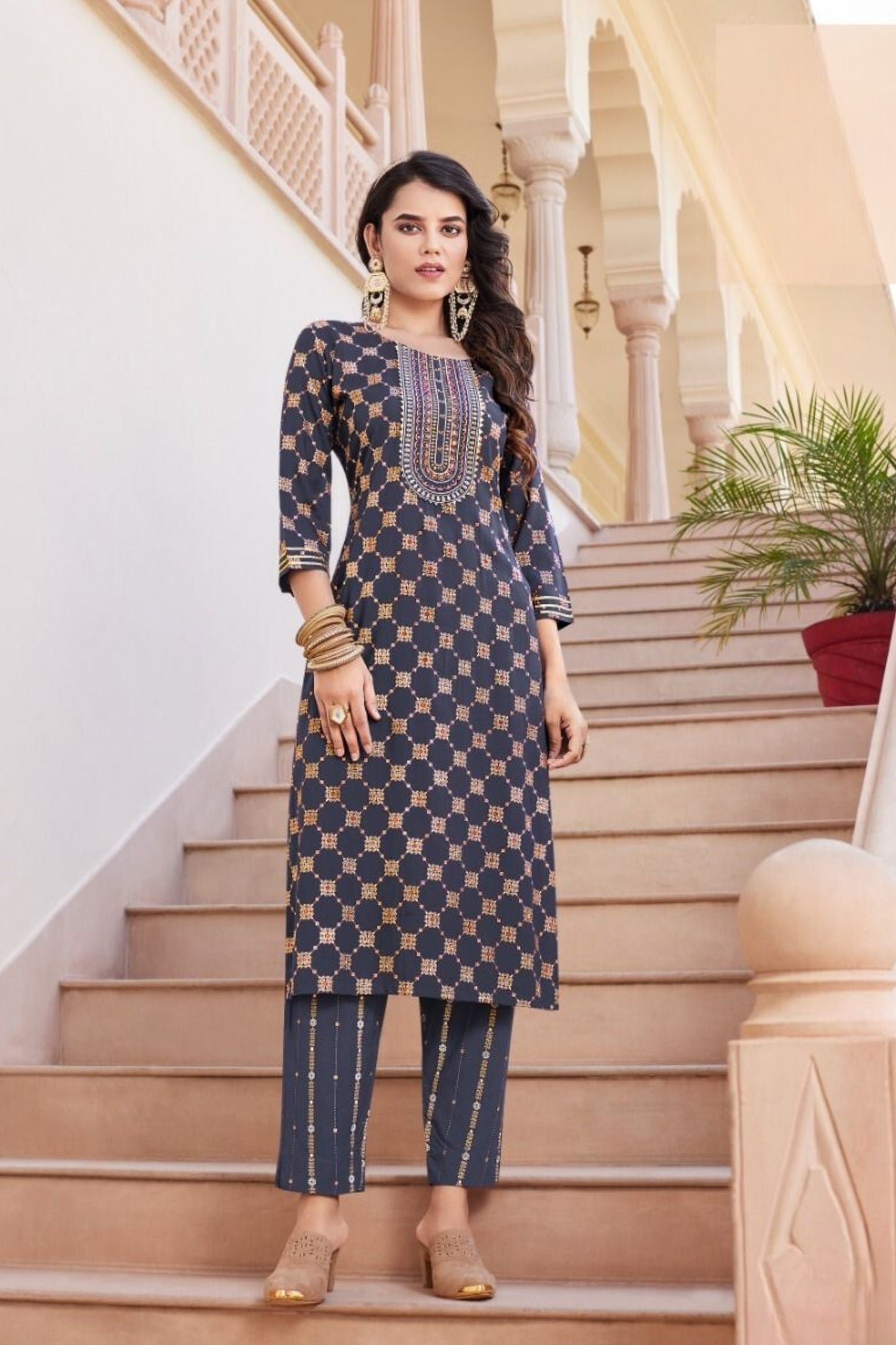 Fluid Fashion Liva Rayon Gold Printed Embroidery Kurti Pant with Pocket