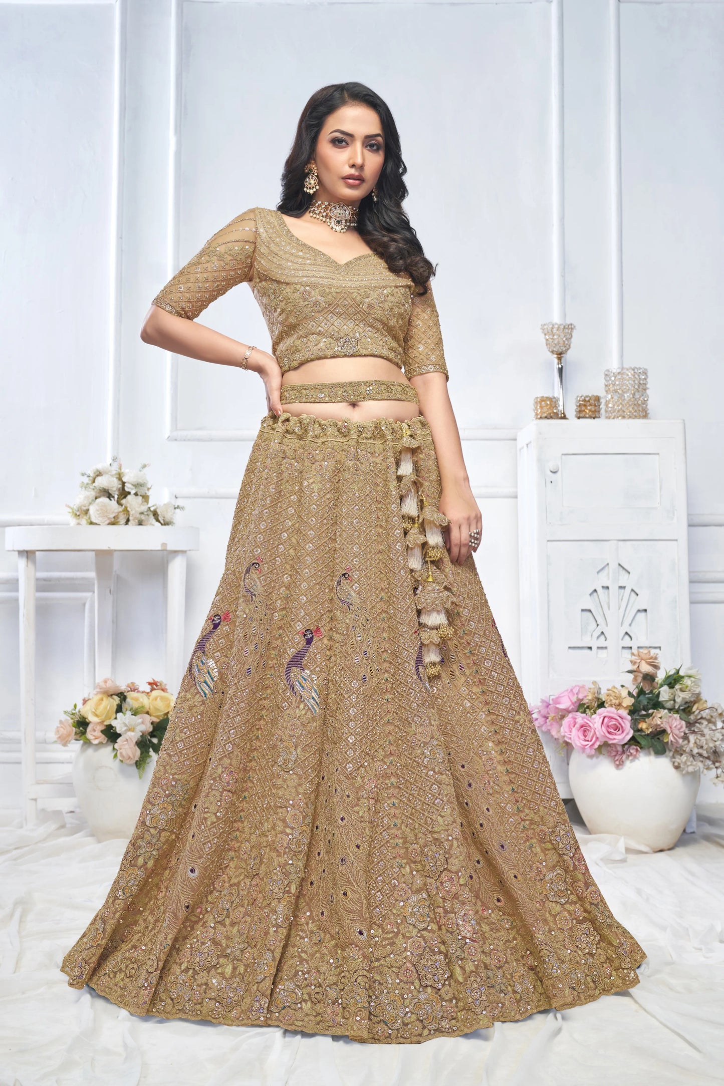 Graceful Brown  Embroidered bridal wear lehenga