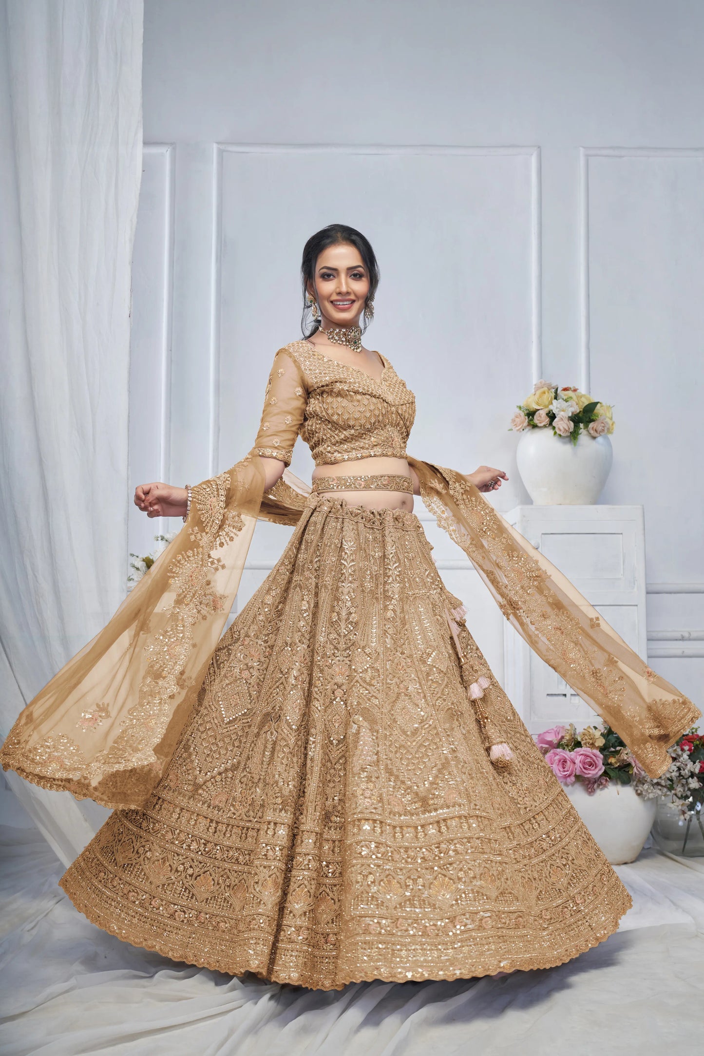 Royal Grandeur bridal  Golden  Lehenga with Paisley and Peacock Motifs & Heavy Embroidery