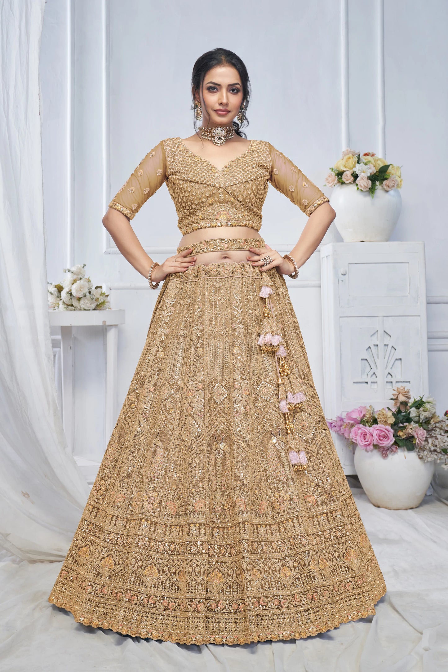 Royal Grandeur bridal  Golden  Lehenga with Paisley and Peacock Motifs & Heavy Embroidery