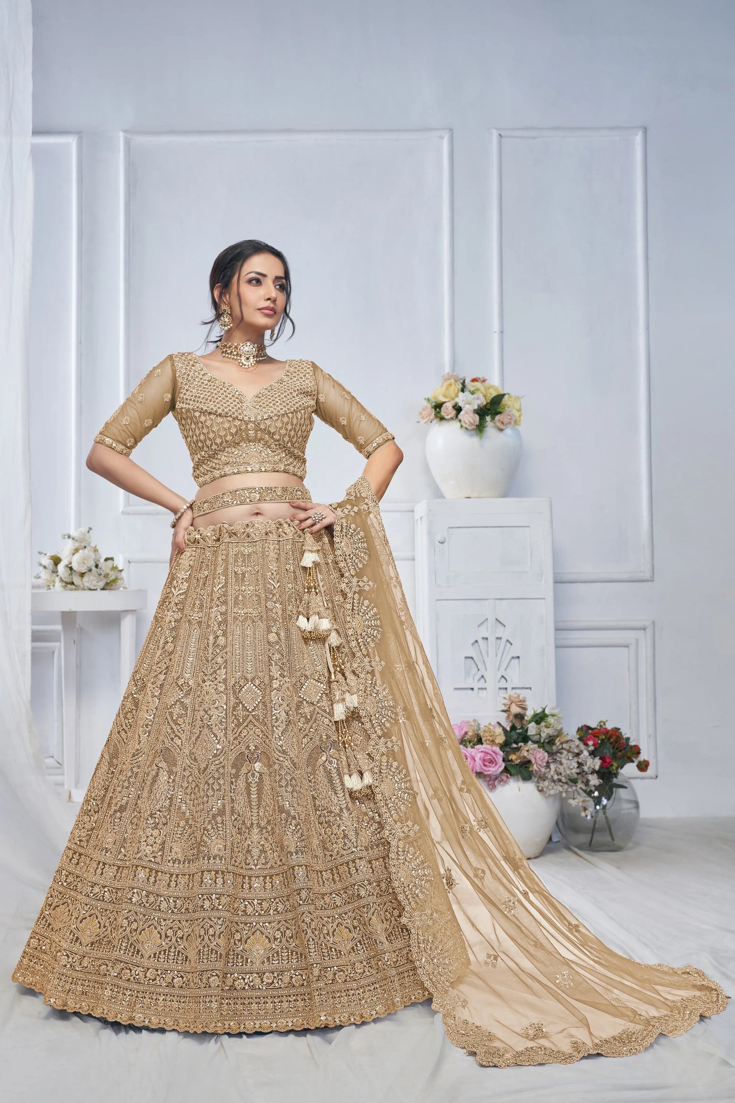 Royal Grandeur bridal Brown  Lehenga with Paisley and Peacock Motifs & Heavy Embroidery