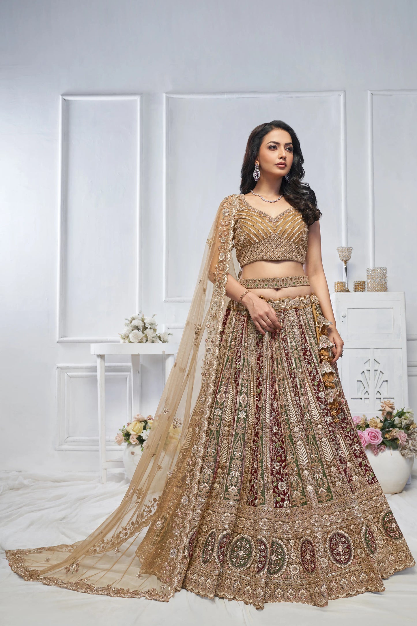 The Majestic leaf pattern bridal lehenga