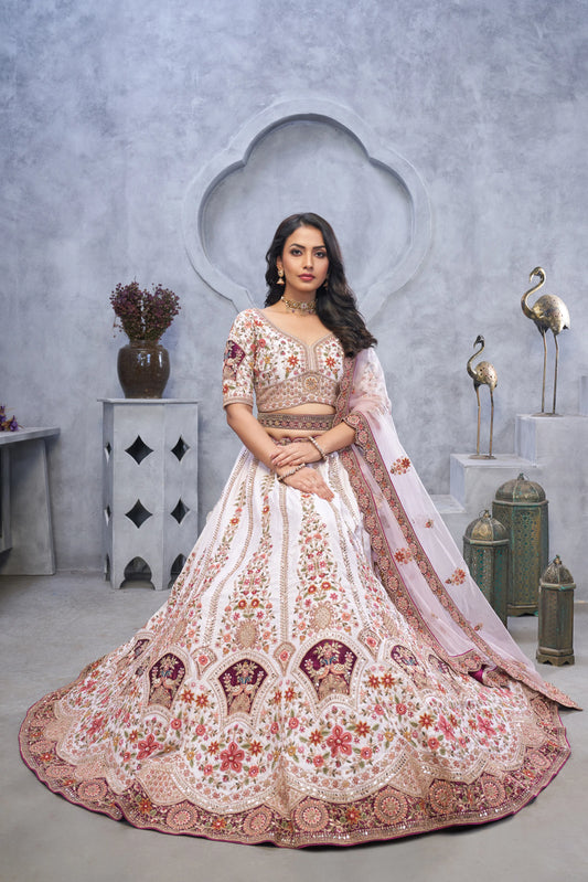 Bridal Light Purple Lehenga with Zari Paisley Embroidery, Silk Patches, and Regal Peacock Motifs