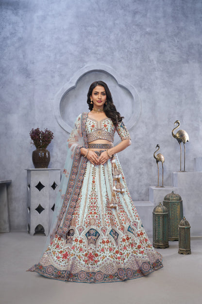 Stunning Light Green Lehenga with Zari Paisley Embroidery, Silk Patches, and Regal Peacock Motifs