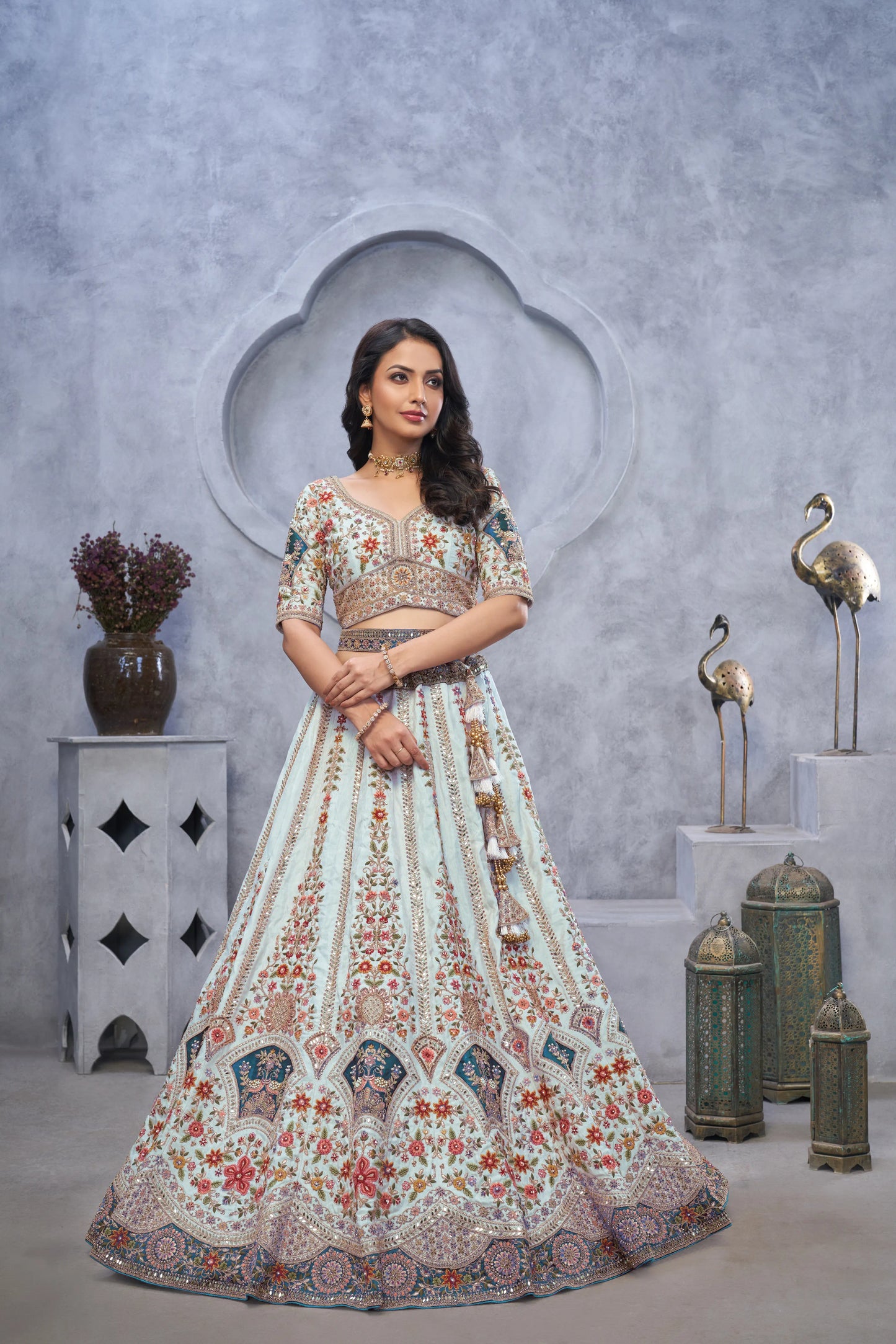 Stunning Light Green Lehenga with Zari Paisley Embroidery, Silk Patches, and Regal Peacock Motifs