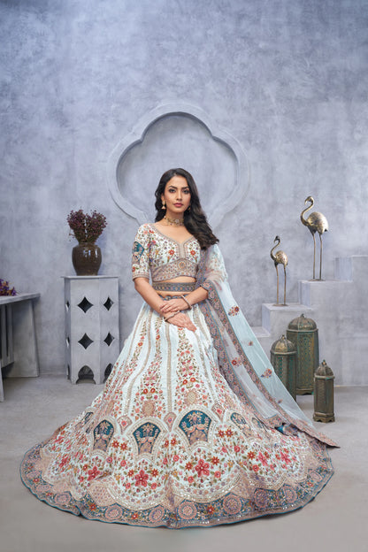 Stunning Light Green Lehenga with Zari Paisley Embroidery, Silk Patches, and Regal Peacock Motifs