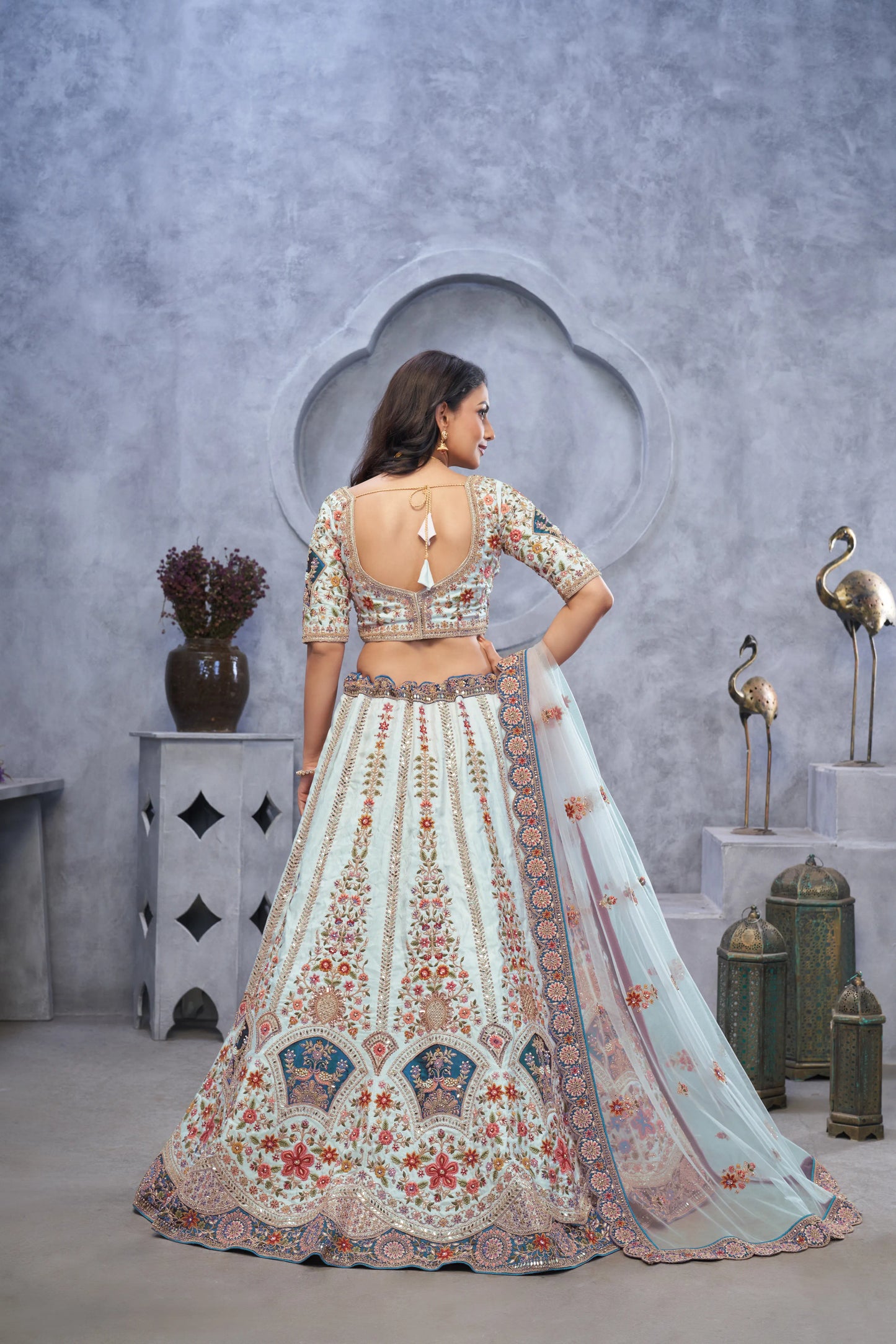 Stunning Light Green Lehenga with Zari Paisley Embroidery, Silk Patches, and Regal Peacock Motifs