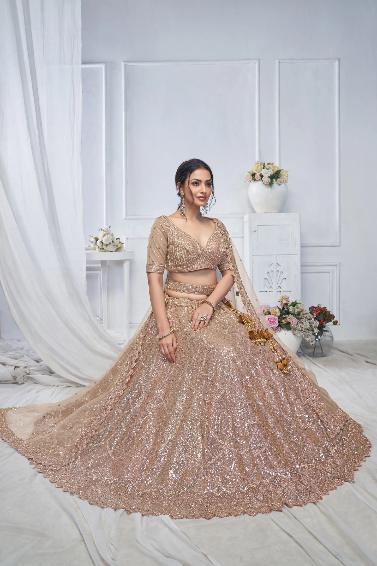 Alluring Brown Sequins Net Bridesmaid Lehenga Choli With Dupatta