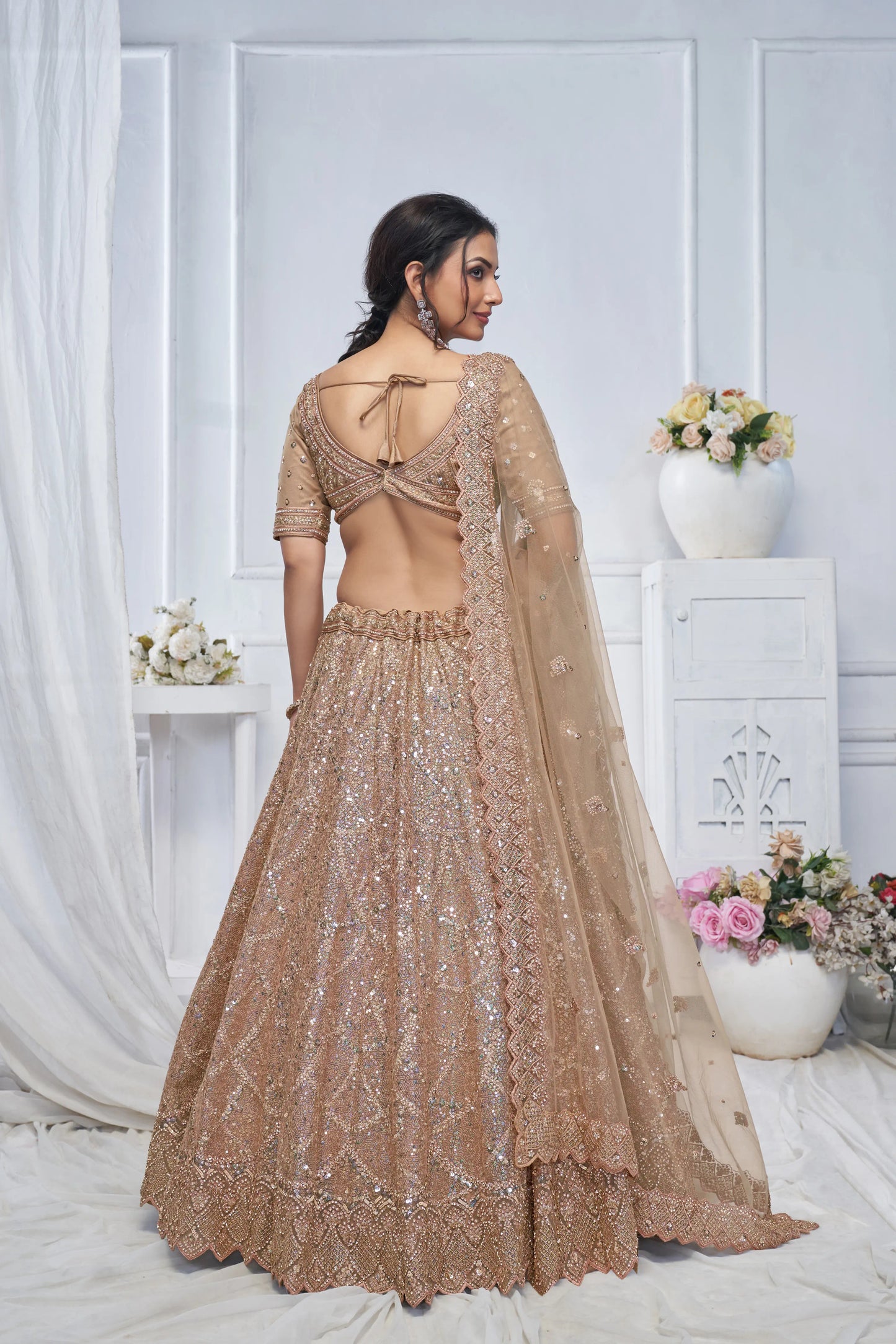 Alluring Brown Sequins Net Bridesmaid Lehenga Choli With Dupatta