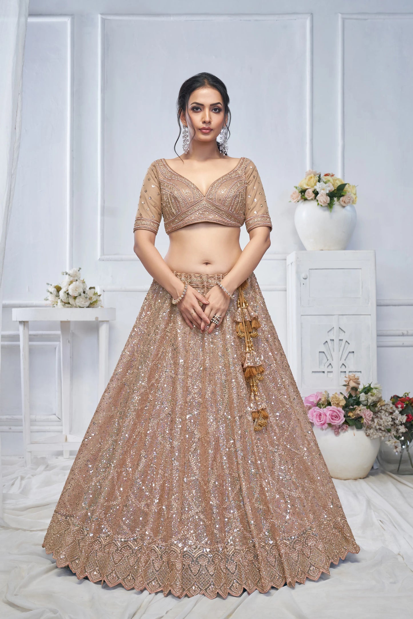 Alluring Brown Sequins Net Bridesmaid Lehenga Choli With Dupatta