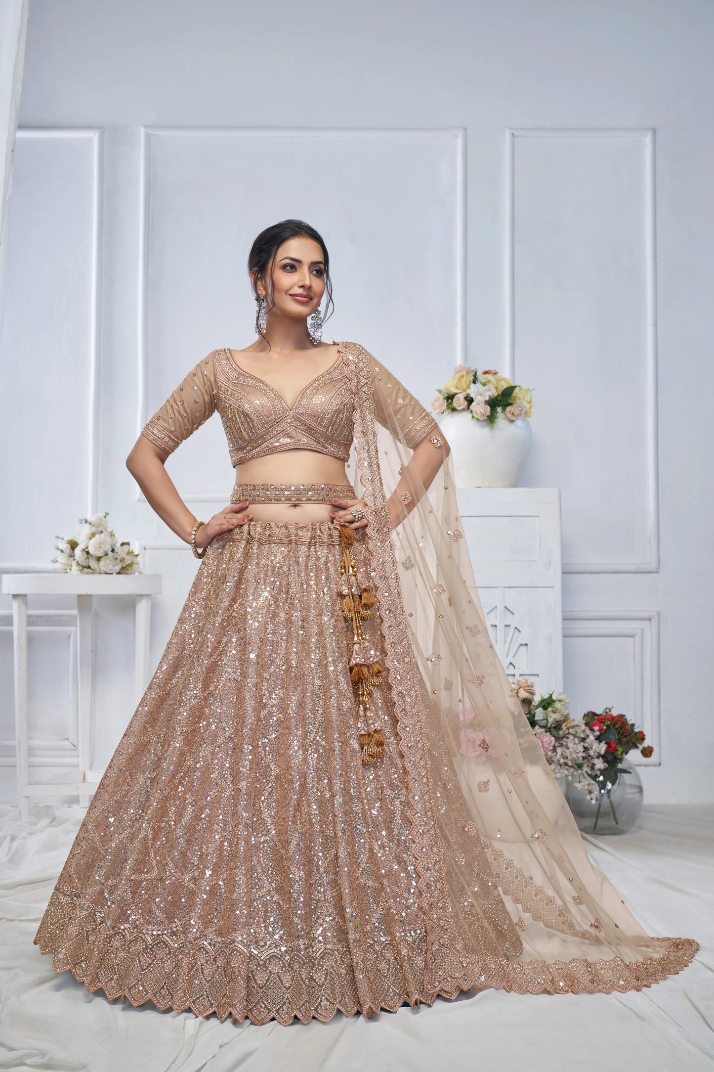 Alluring Brown Sequins Net Bridesmaid Lehenga Choli With Dupatta