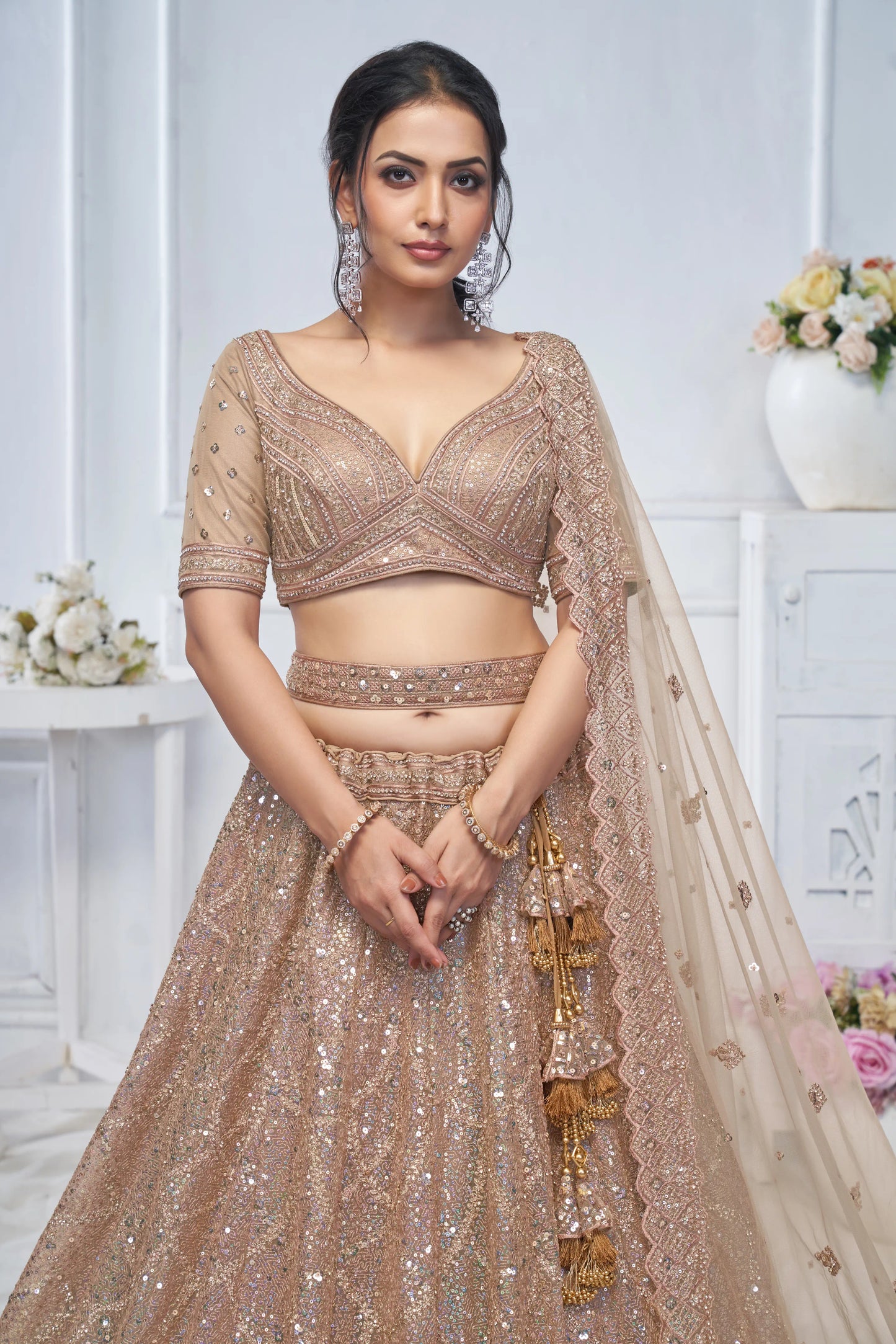 Alluring Brown Sequins Net Bridesmaid Lehenga Choli With Dupatta