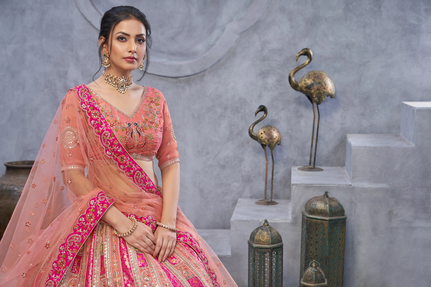 The bagh collection: Peach Lenega embodded by Thread and Sequin Embellished Lehengas