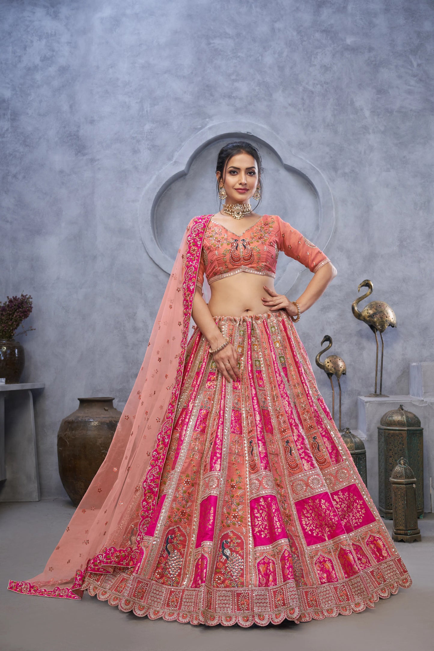 The bagh collection: Peach Lenega embodded by Thread and Sequin Embellished Lehengas