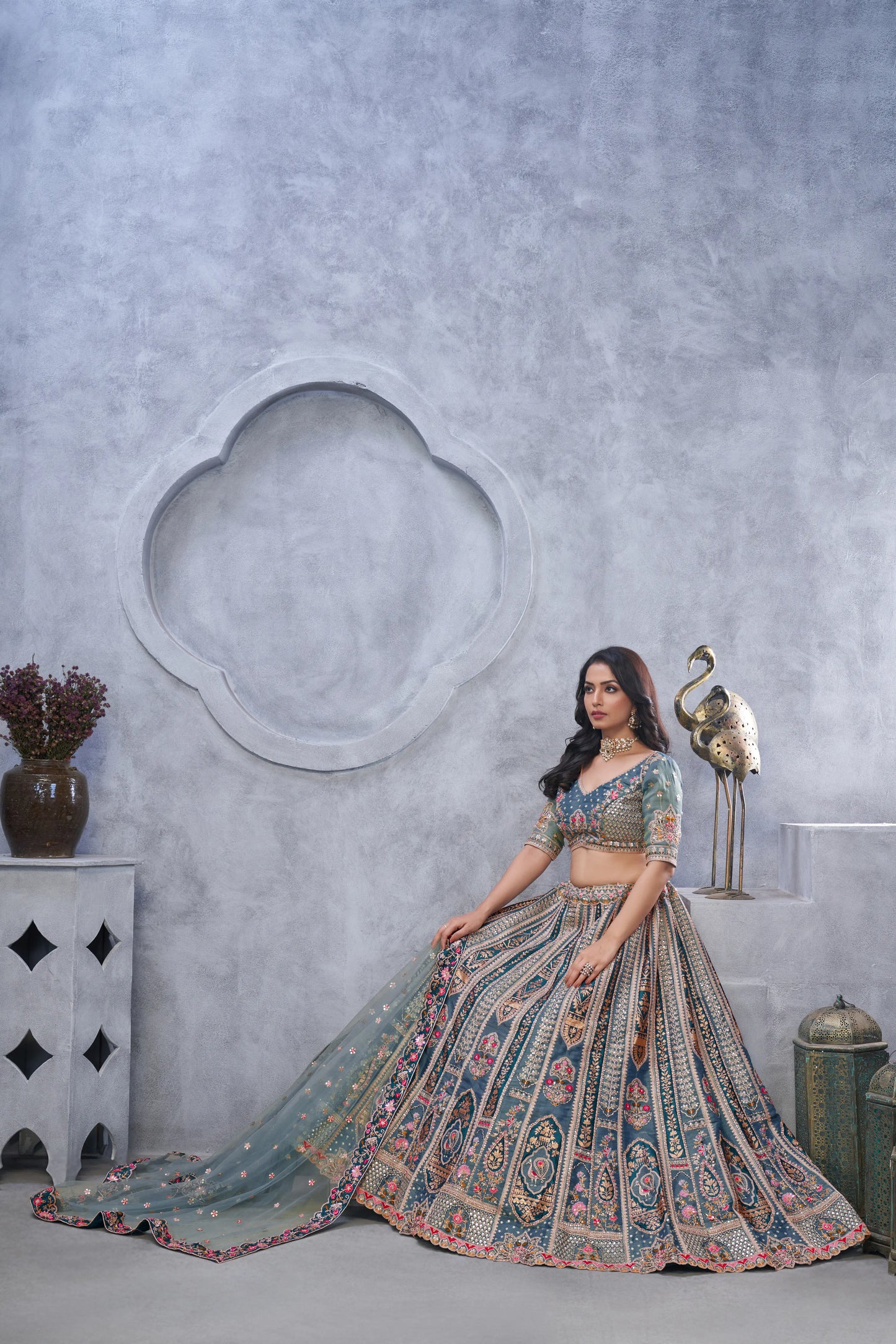 Organza Silk Intricate Paisley Motifs Traditional Embroidered Wedding Lehenga Choli In Grey color With Soft Net Dupatta