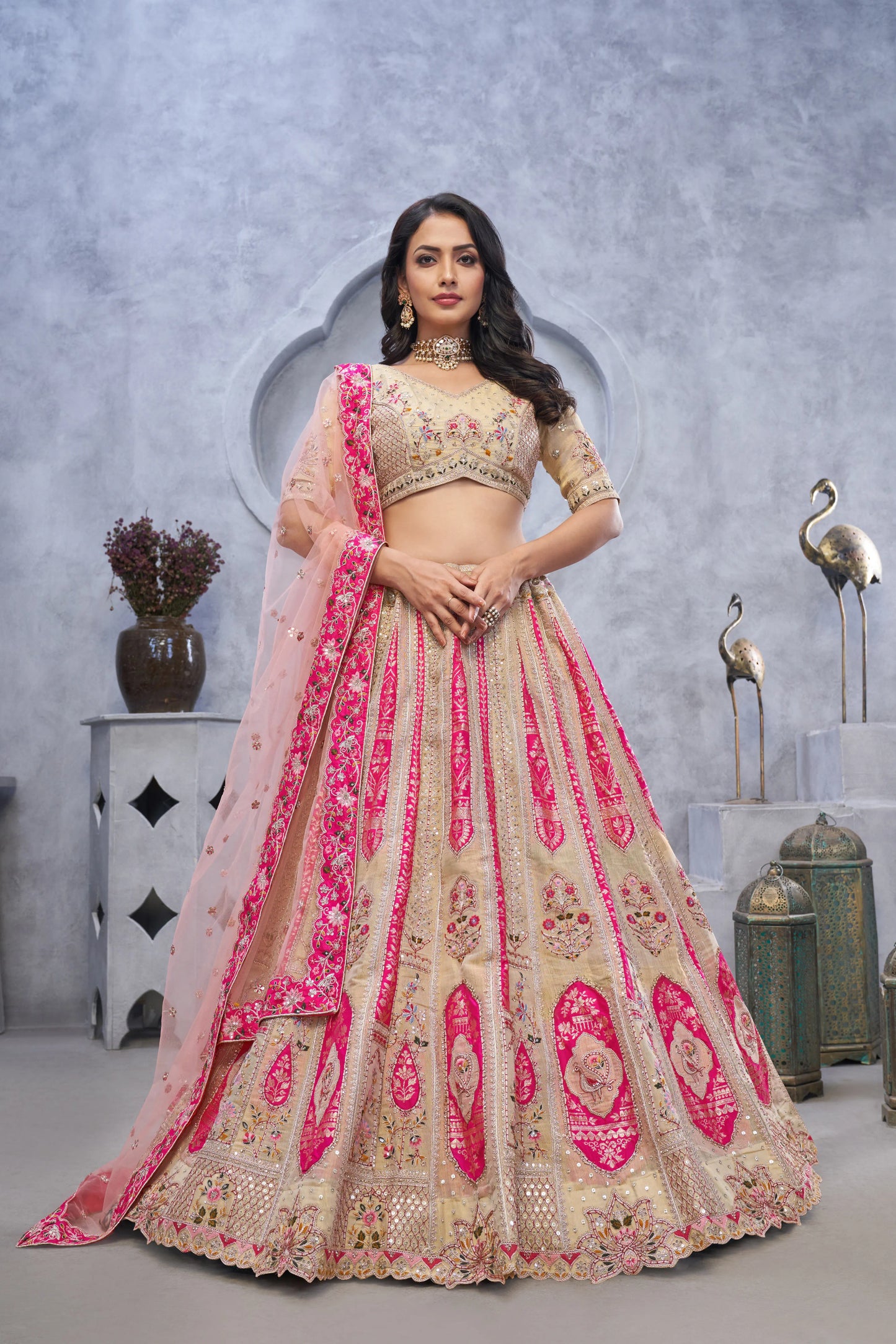 Organza Silk Intricate Paisley Motifs Traditional Embroidered Wedding Lehenga Choli in Chicku color With Soft Net Dupatta