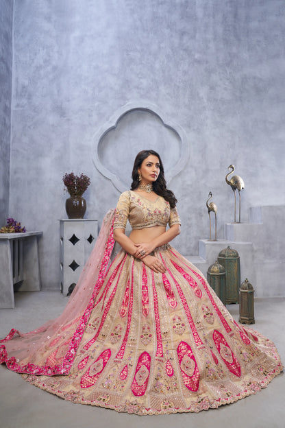 Organza Silk Intricate Paisley Motifs Traditional Embroidered Wedding Lehenga Choli in Chicku color With Soft Net Dupatta